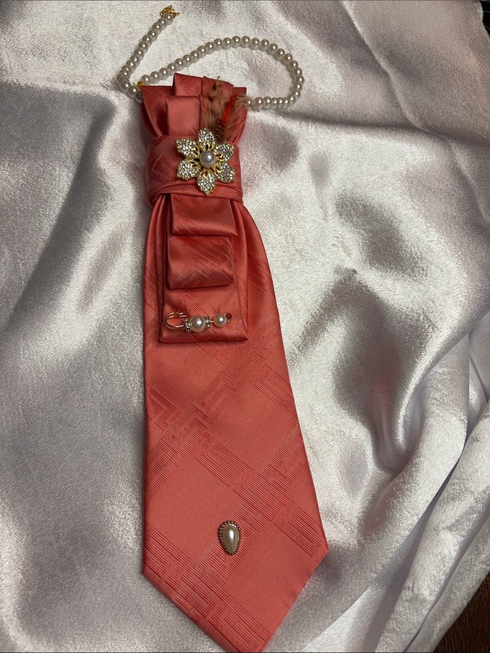 Necklace Tie Coral Satin with Pearl & Floral Brooch